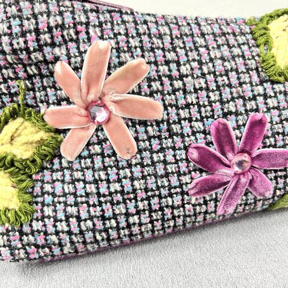 Vintage Womens Embroidered Rhinestone Velvet Floral Shoulder Bag Purse Boho - Picture 4 of 13